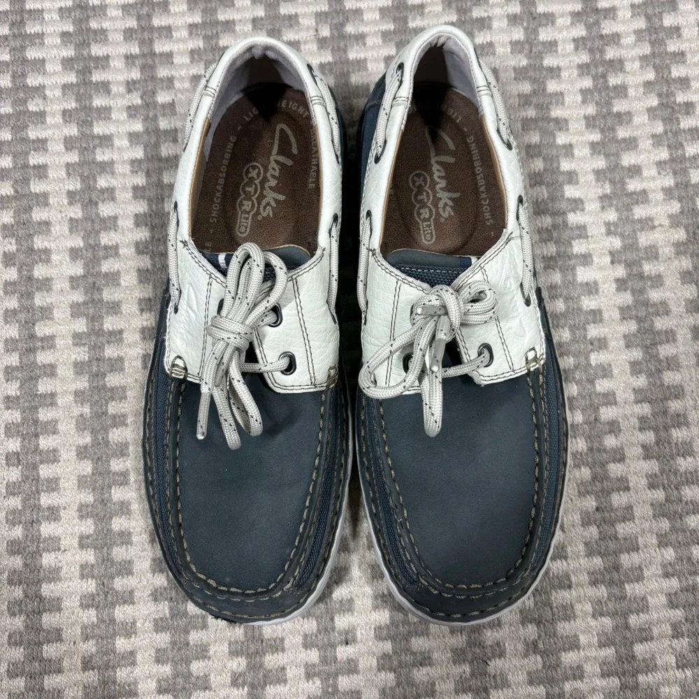 Clarks XTR Lite Mens Boat Shoes Navy Blue White Leather Loafers 26070983 Size 7M